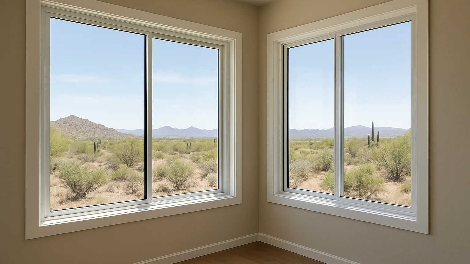 Interior view of a residential room with new multi-pane slider windows installed in aluminum frames, showing clear glass and interior trim against desert landscape visible outside.