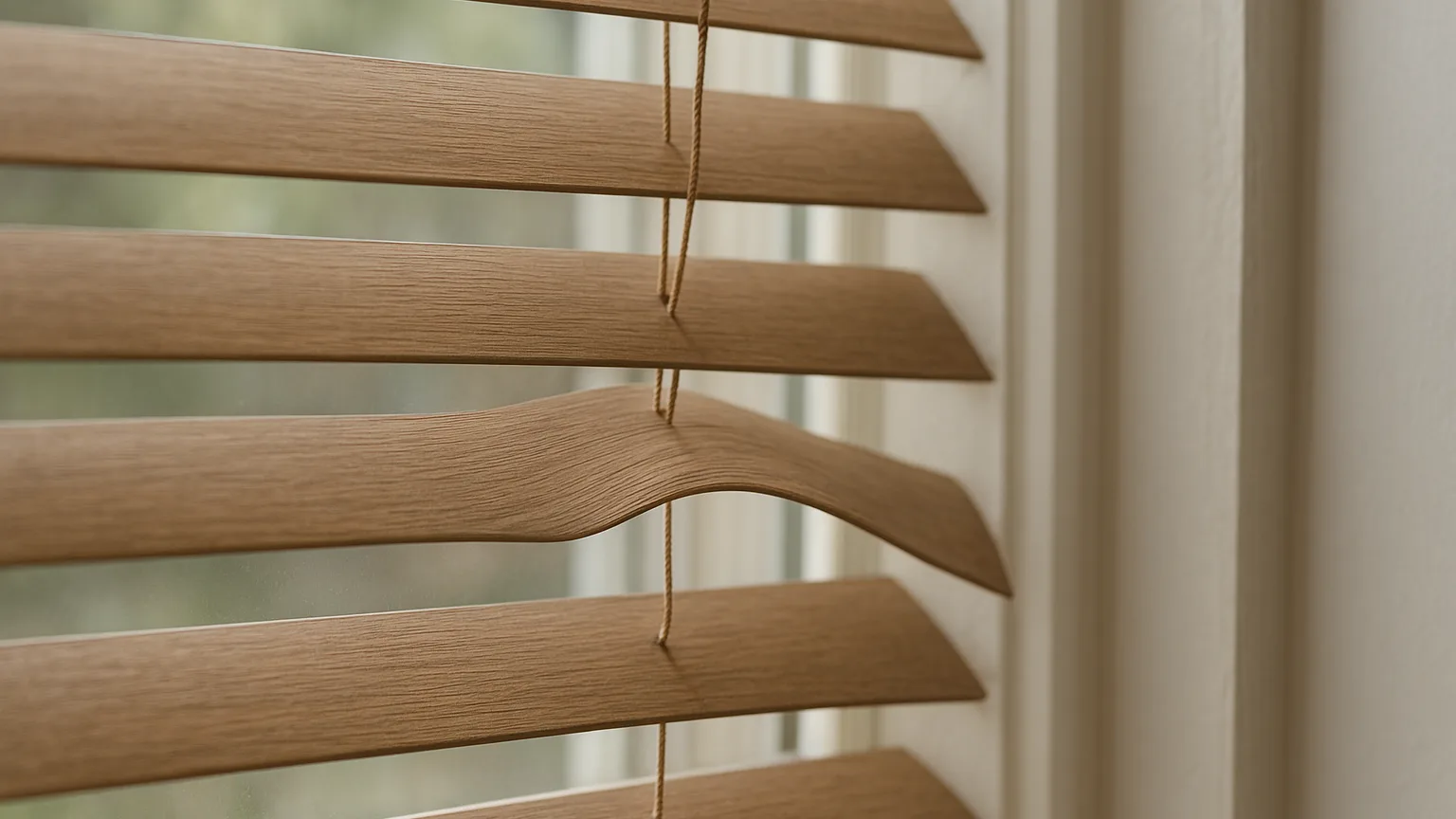 Close-up of a warped faux wood blind slat bowing outward from a window frame, showing visible curvature and stress.